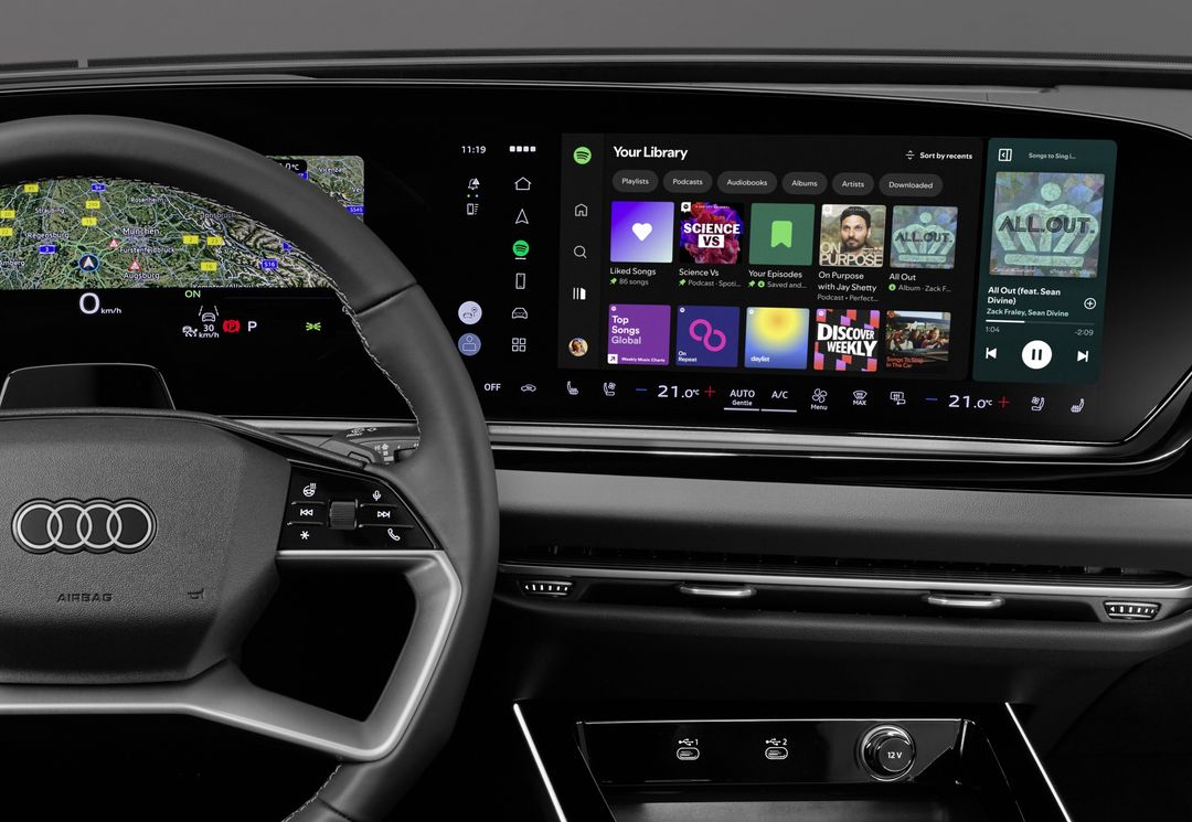 Audi — wnętrze, ekran infotainment z aplikacją Spotify