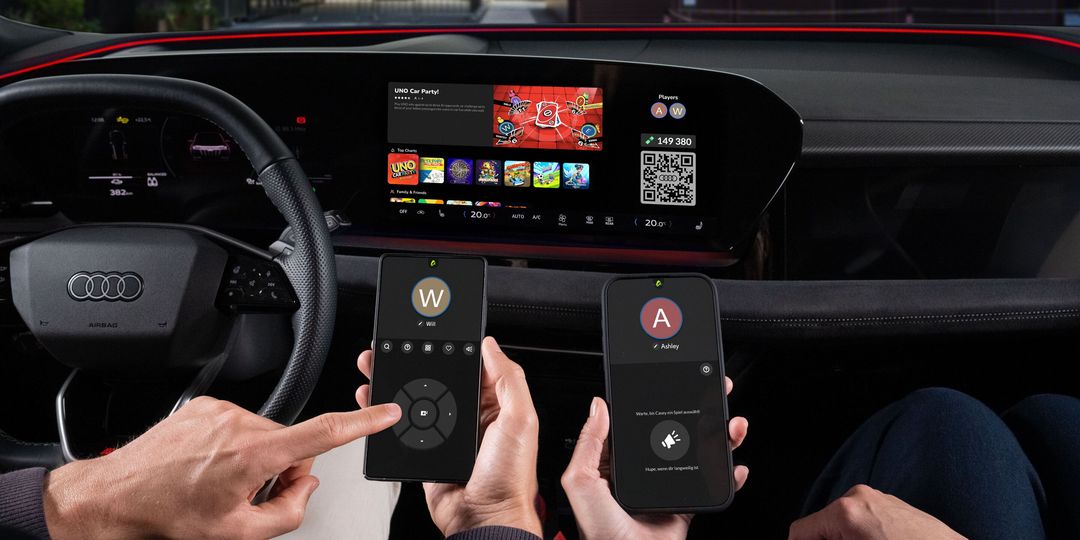 Audi — wnętrze, interakcja z aplikacją Spotify za pomocą smartfonów