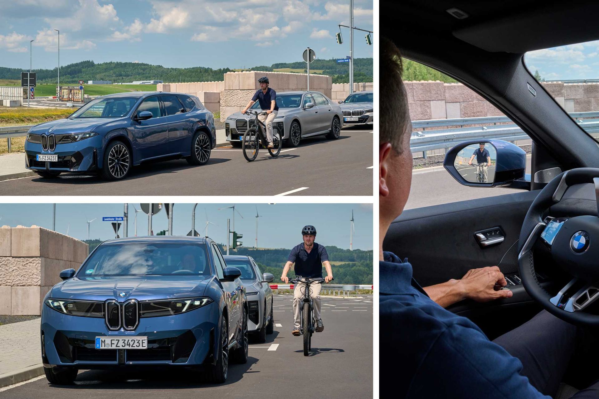 BMW iX — kolaż trzech ujęć: przód 3/4 na drodze testowej, widok z boku obok rowerzysty i wnętrze z kierowcą obserwującym rowerzystę w lusterku (kierownica po lewej stronie)