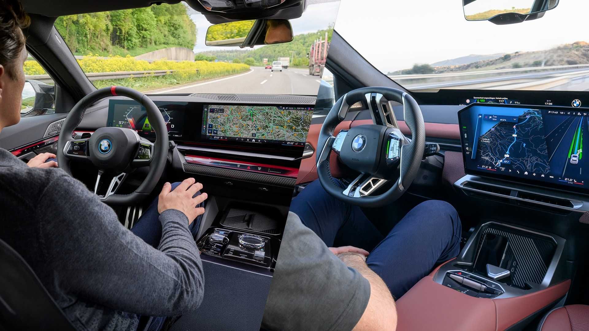BMW Highway Assistant — wnętrza dwóch modeli BMW podczas jazdy autonomicznej na autostradzie, kierowcy z uniesionymi dłońmi od kierownicy, ekrany z nawigacją