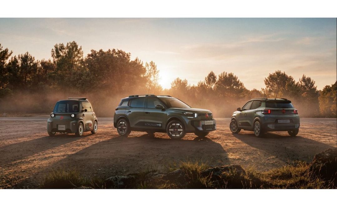 Citroën OUTDOOR: Ami, C3 Aircross i C3 na tle zachodzącego słońca