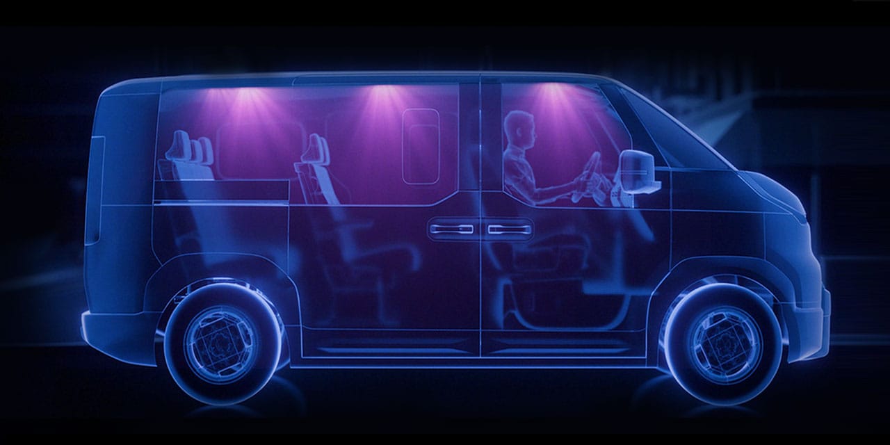 Hyundai i Kia „Plasma Care UVC” — grafika rentgenowska pojazdu testowego, widoczna fioletowa wiązka światła UVC dezynfekująca kabinę z pasażerami i kierowcą