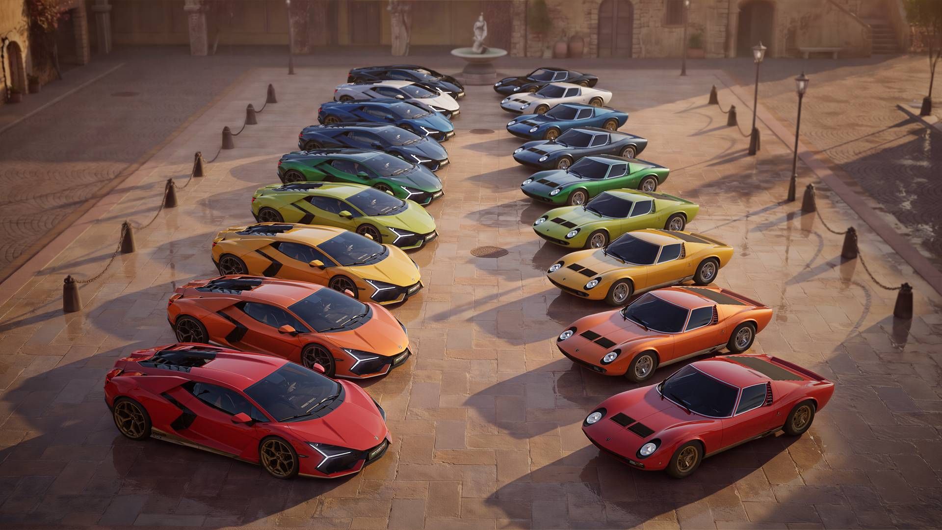 Lamborghini Revuelto Miura 60° Homage — cała seria 99 egzemplarzy ustawiona przodem, w tle klasyczne Lamborghini Miura, dziedziniec willi