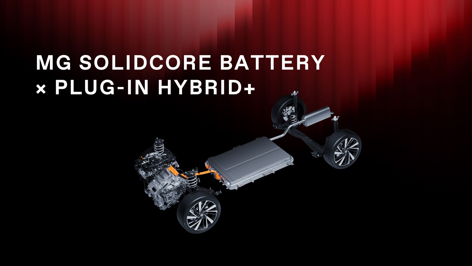 MG SolidCore Battery i Plug-in Hybrid+ — grafika promocyjna z wizualizacją podwozia i tekstem