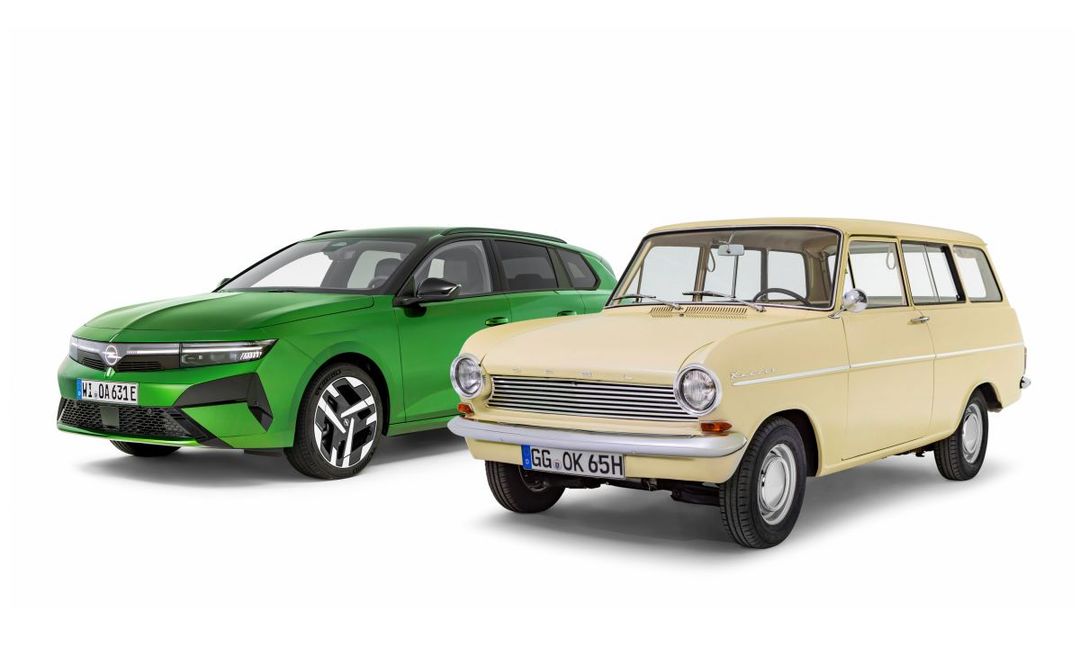 Opel Astra Sports Tourer nowej generacji i klasyczny Opel Kadett Caravan — zestawienie dwóch epok, widok od przodu