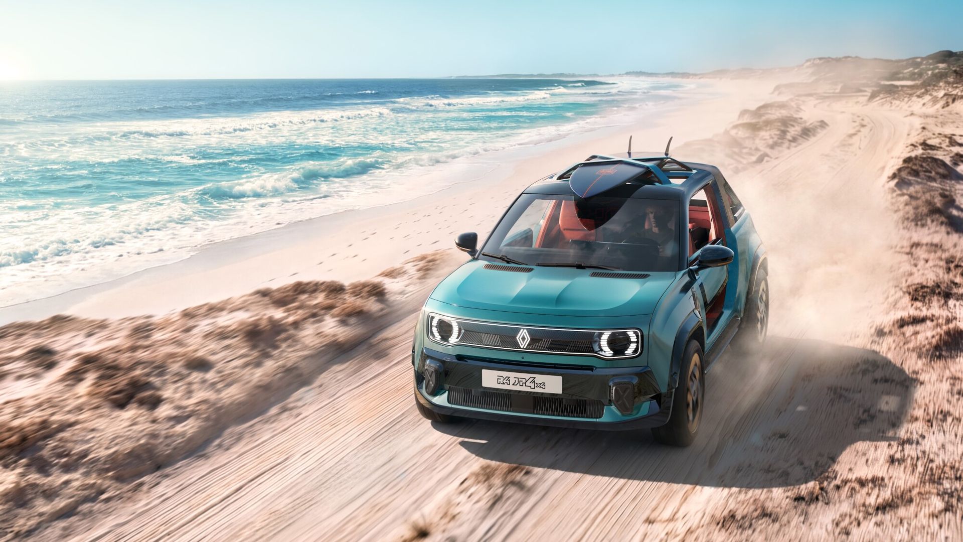 Renault 4 JP4x4 Concept — przód, dynamiczna jazda po plażowej drodze