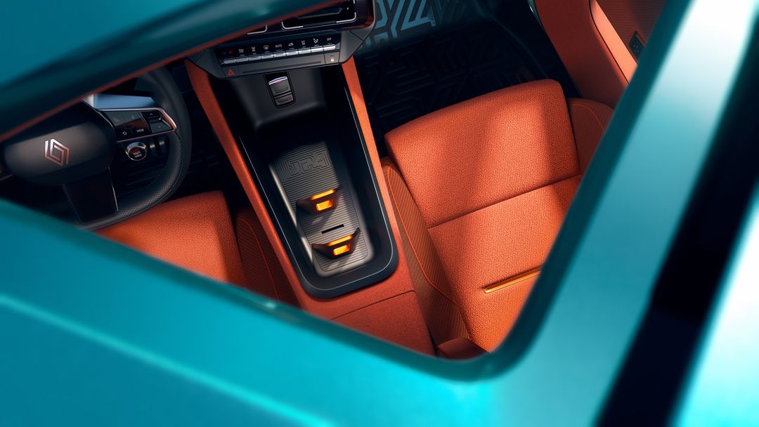 Renault 4 JP4x4 Concept — detal konsoli środkowej i foteli w pomarańczowej tapicerce