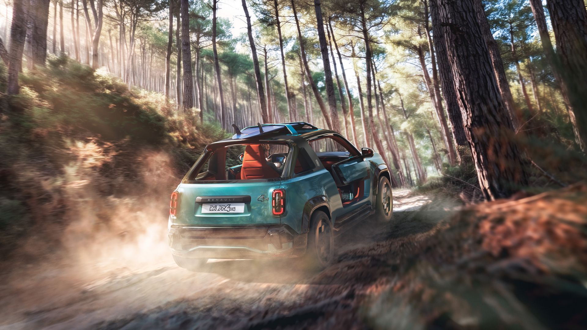 Renault 4 JP4x4 Concept — tył, jazda leśną drogą w obłoku kurzu