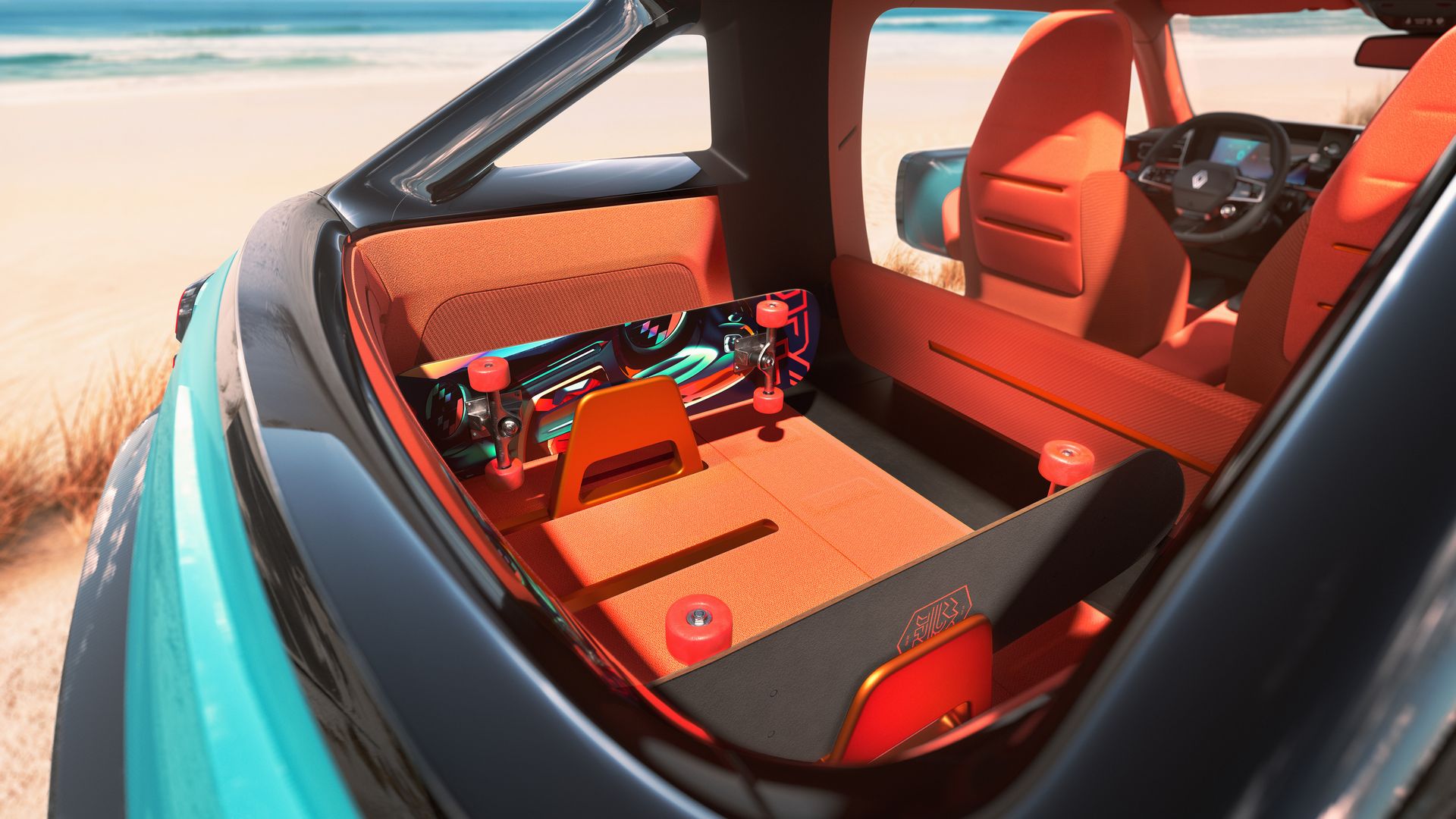 Renault 4 JP4x4 Concept — detal bagażnika z deskorolką na tle plaży