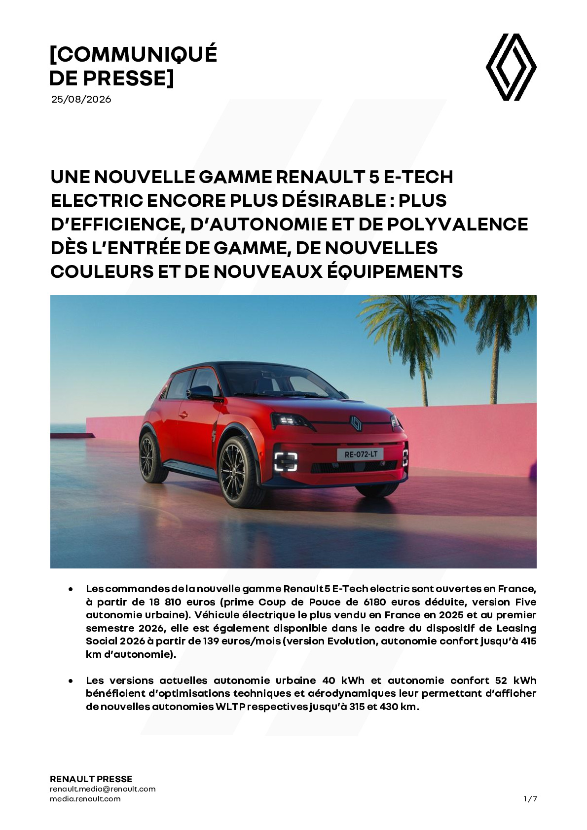 Strona tytułowa komunikatu prasowego Renault — dokument tekstowy, nie zdjęcie