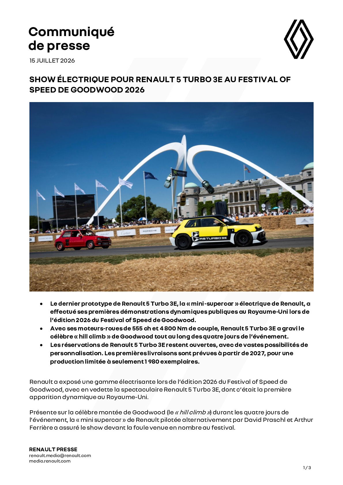 Strona komunikatu prasowego Renault z fotografią Renault 5 Turbo 3E — dokument tekstowy, nie zdjęcie produktowe