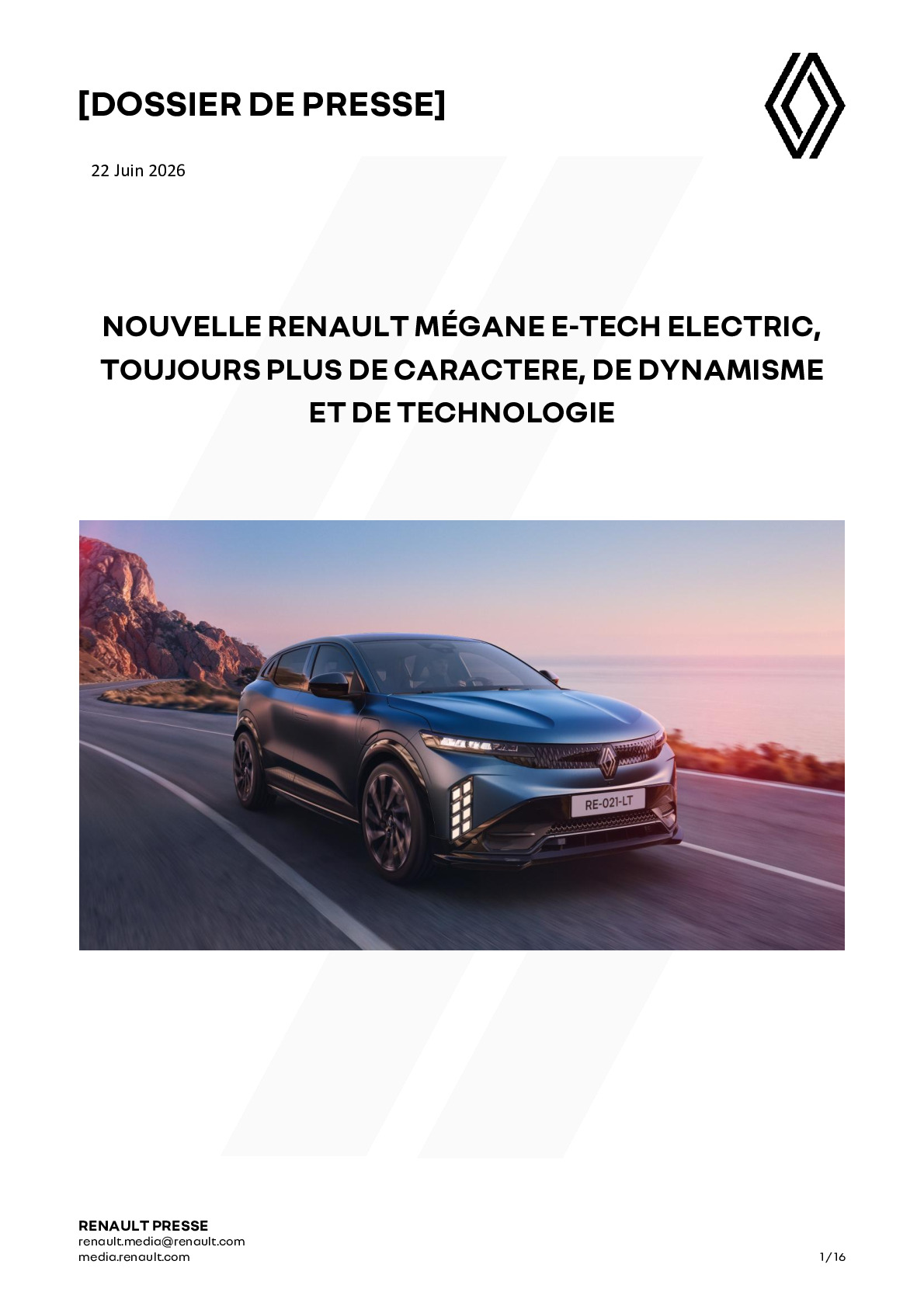 Okładka dossier prasowego Renault z 22 czerwca 2026 roku — strona tytułowa z tekstem i logo marki