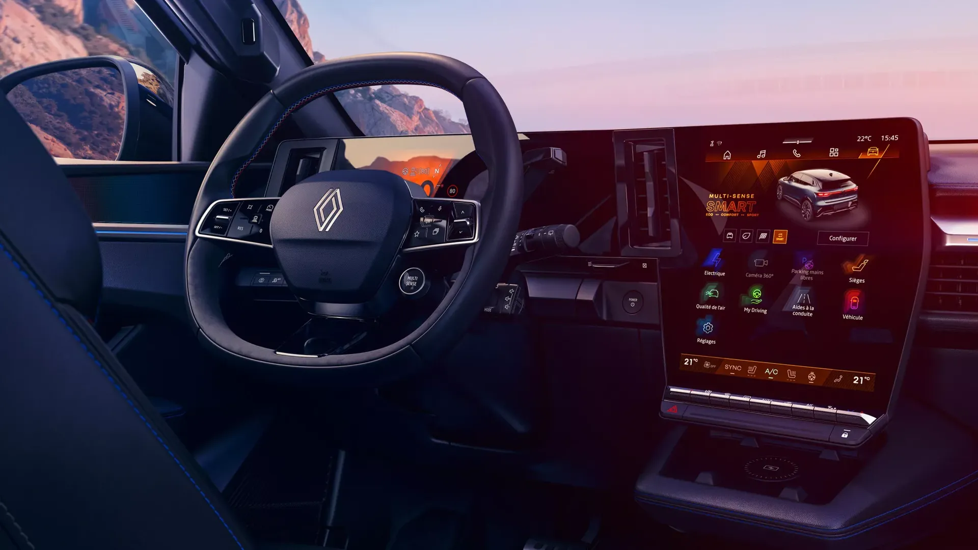 Renault Megane E-Tech Electric — wnętrze, kierownica i ekran systemu multimedialnego
