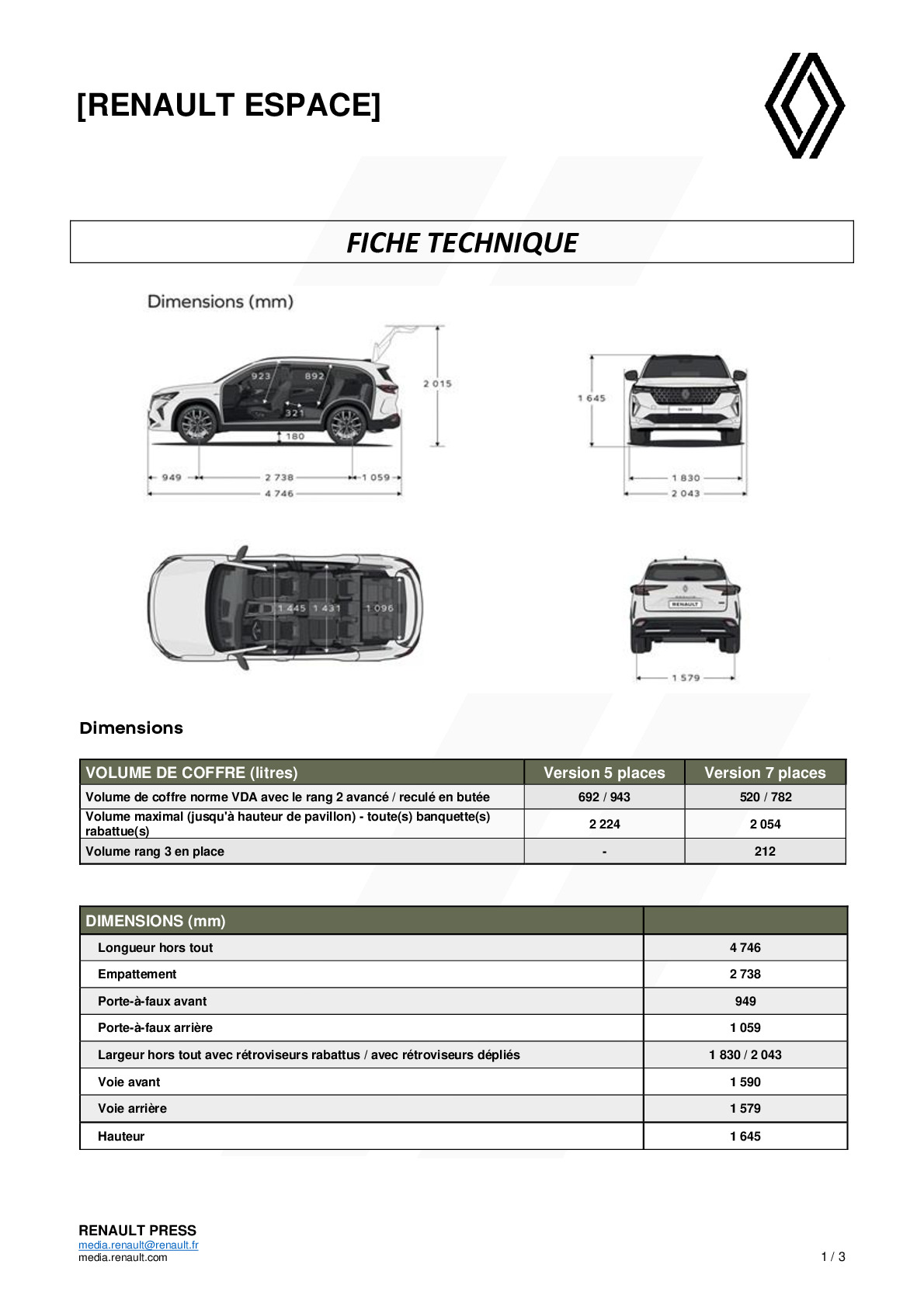 Rysunek techniczny — wymiary nadwozia Renault Espace, dane porównawcze