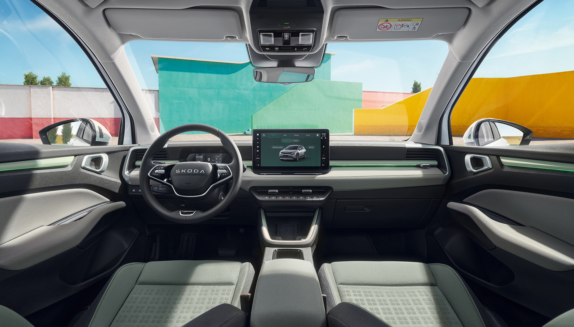 Škoda Epiq — kokpit w szaro-białej kolorystyce, wykończenie minimalistyczne