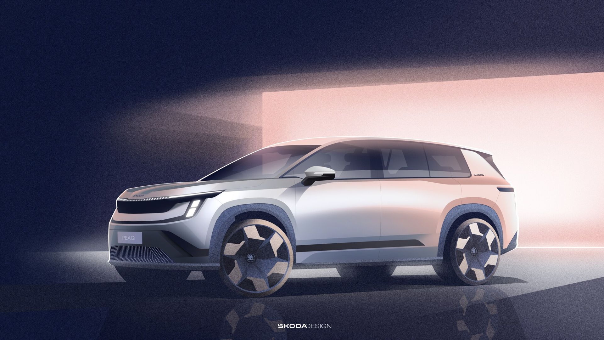Škoda Peaq — szkic projektowy 3/4 z przodu, niemal identyczne ujęcie jak p01, duplikat z tym samym znakiem wodnym „SKODA DESIGN”