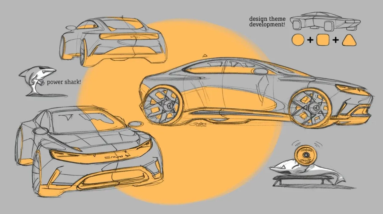 smart Concept #6 EHD — grafika prezentacyjna ze szkicami projektowymi i tekstem „power shark” (grafika z tekstem — odrzucona)